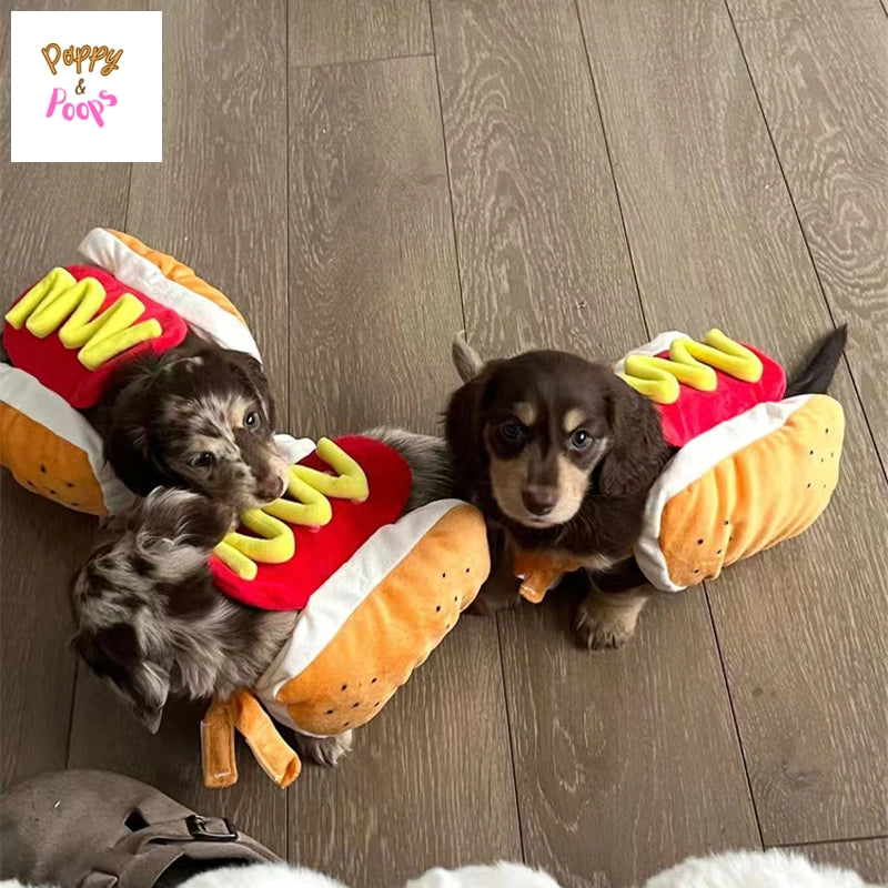 Matching Hot Dog Shaped Dachshund Costume sold by Poopy and Poops General Pet Store poppyandpoops.ca
