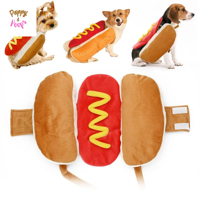 Matching Hot Dog Shaped Dachshund Costume sold by Poopy and Poops General Pet Store poppyandpoops.ca