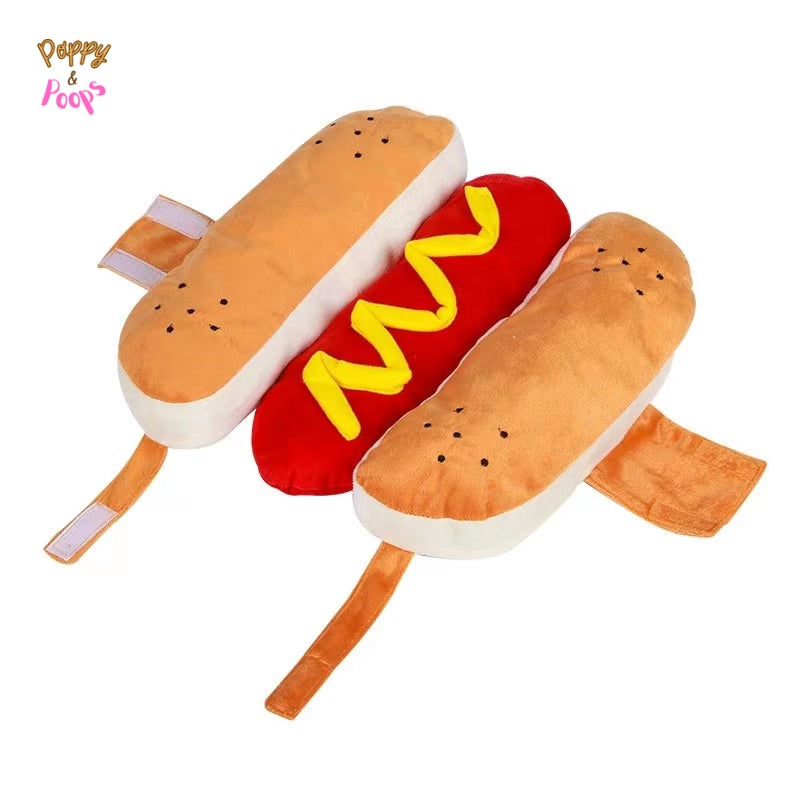 Matching Hot Dog Shaped Dachshund Costume sold by Poopy and Poops General Pet Store poppyandpoops.ca
