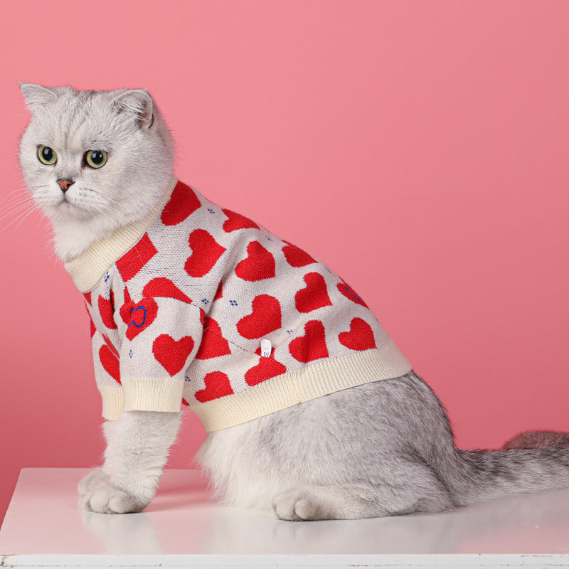 Red Heart Print Dog Cat Wool Knitted Sweater in White