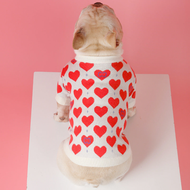 Red Heart Print Dog Cat Wool Knitted Sweater in White