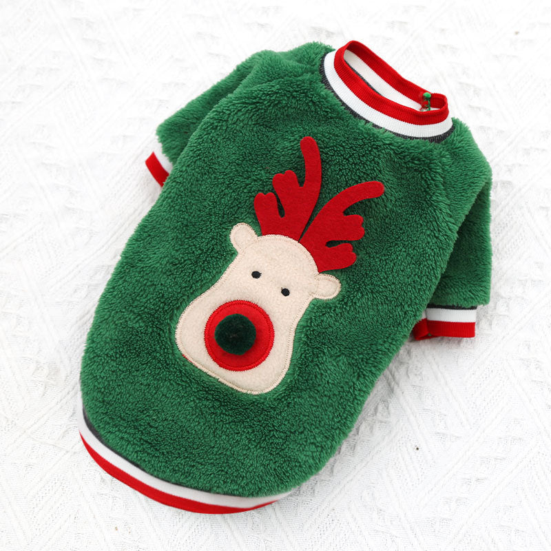 Christmas Pom Nose Reindeer Fleece Dog Sweater in Red and Green