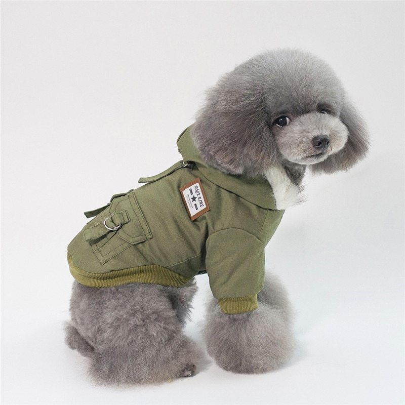 Pet Dog Cotton Winter Cargo Jacket with a Faux Fur Hood in Military Green, Gray, and Khaki