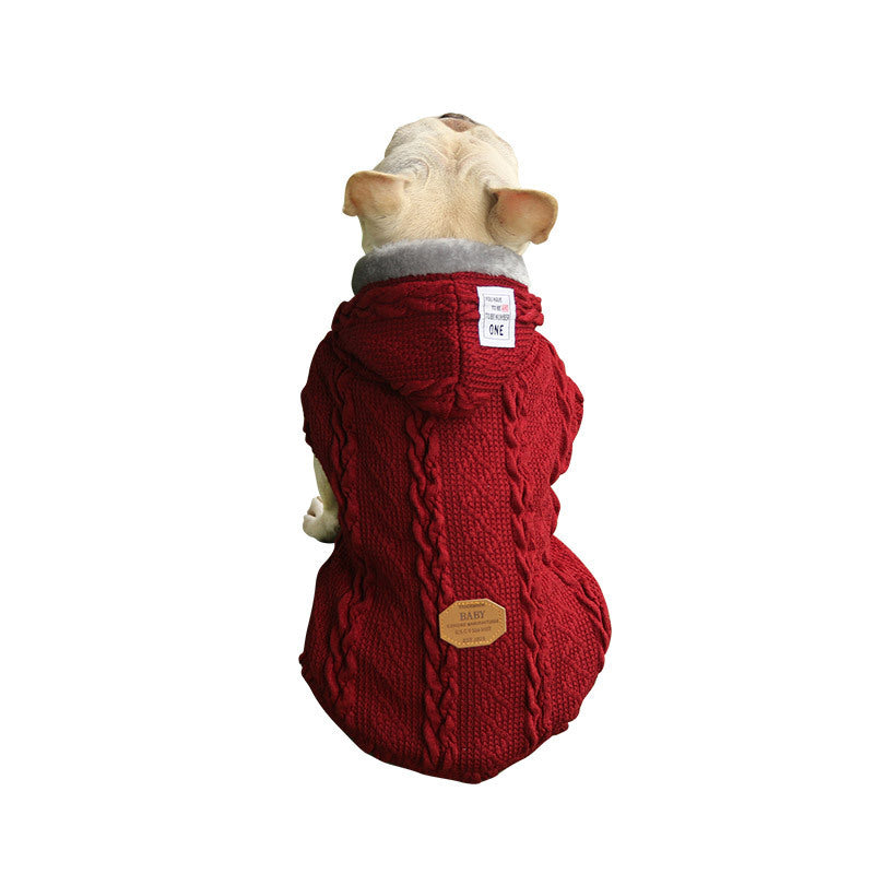 Knitted Wool Fleece Lined Pet Dog Hooded Coat in Red and Blue