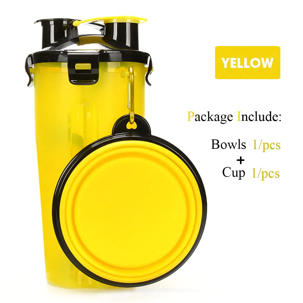 Pet Water Bottle Food Container 2 in 1 With Folding bowls Yellow 1 Bowl sold by Poopy and Poops General Pet Store poppyandpoops.ca