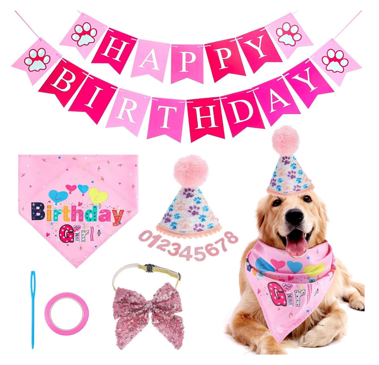 Dog Birthday Party Supplies Banner, Hat, Bandana, Bow