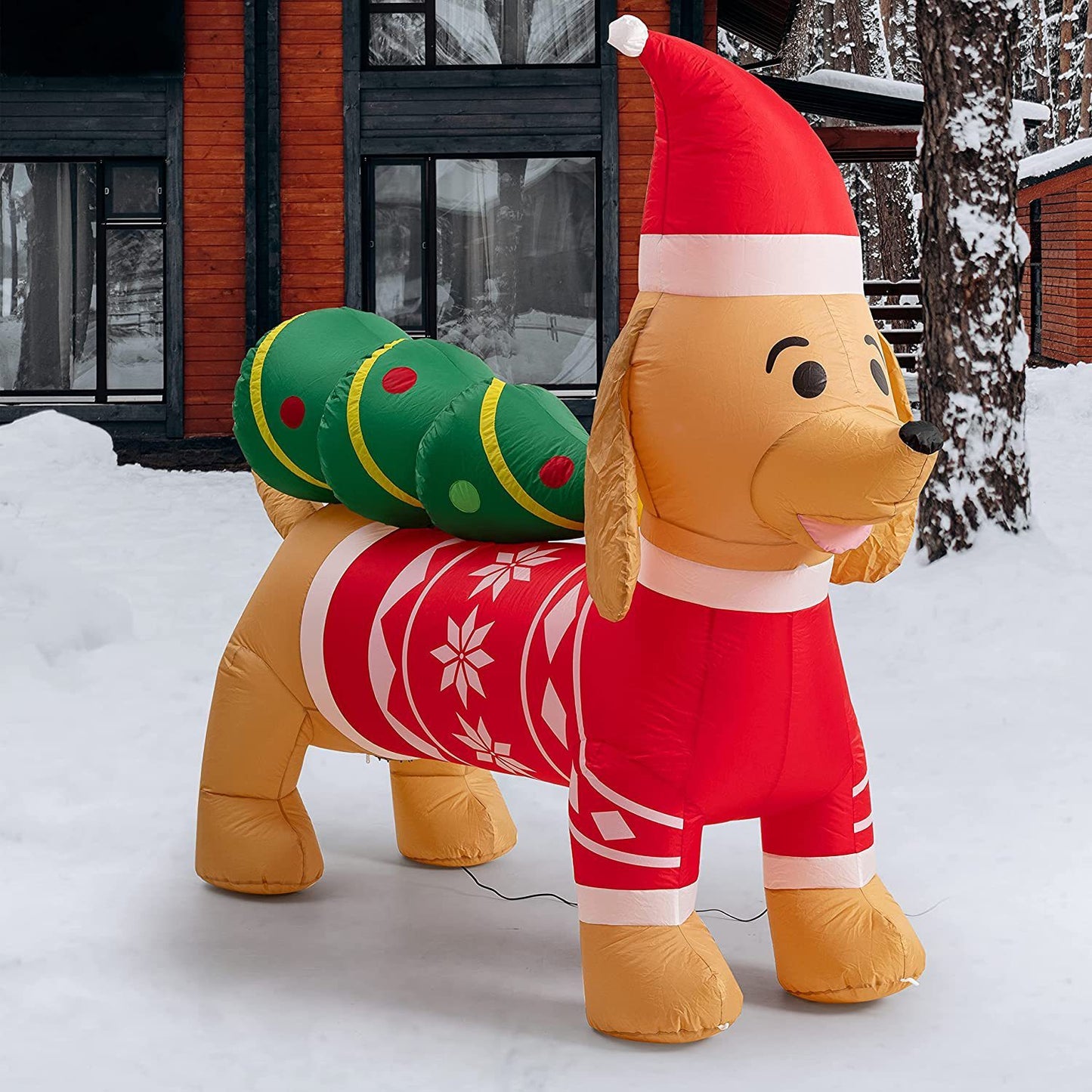 Dachshund Sausage Dog Packing a Christmas Tree Inflatable Lawn and Garden Decorations