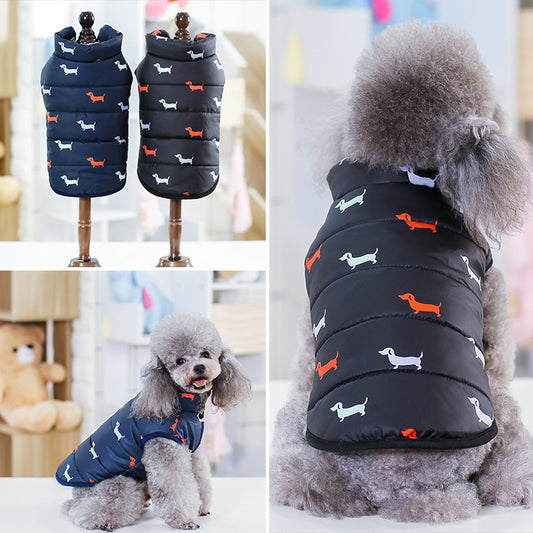 Dachshund Print Winter Dog Puff Vest in Black and Blue