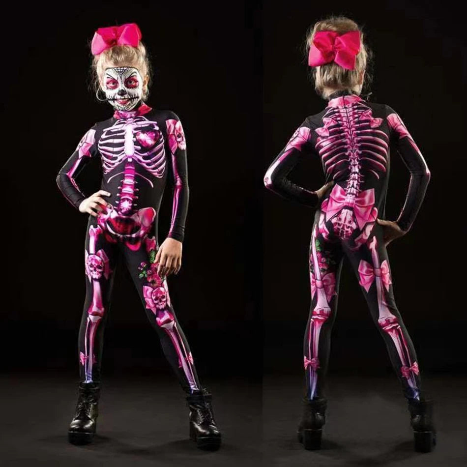 Kids Girls Skeleton Halloween Costume in Red Roses and Pink Bowes sold by Poopy and Poops General Pet Store poppyandpoops.ca