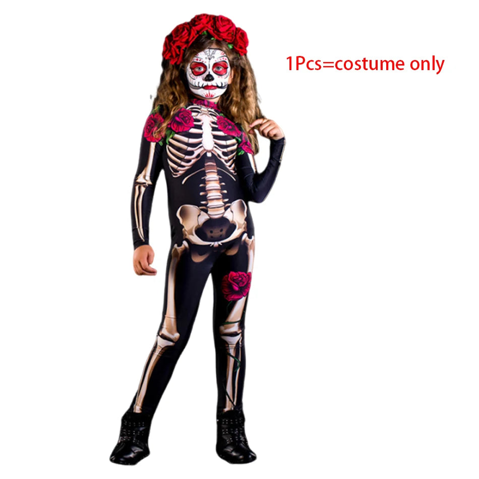 Kids Girls Skeleton Halloween Costume in Red Roses and Pink Bowes 1 pcs Set C sold by Poopy and Poops General Pet Store poppyandpoops.ca