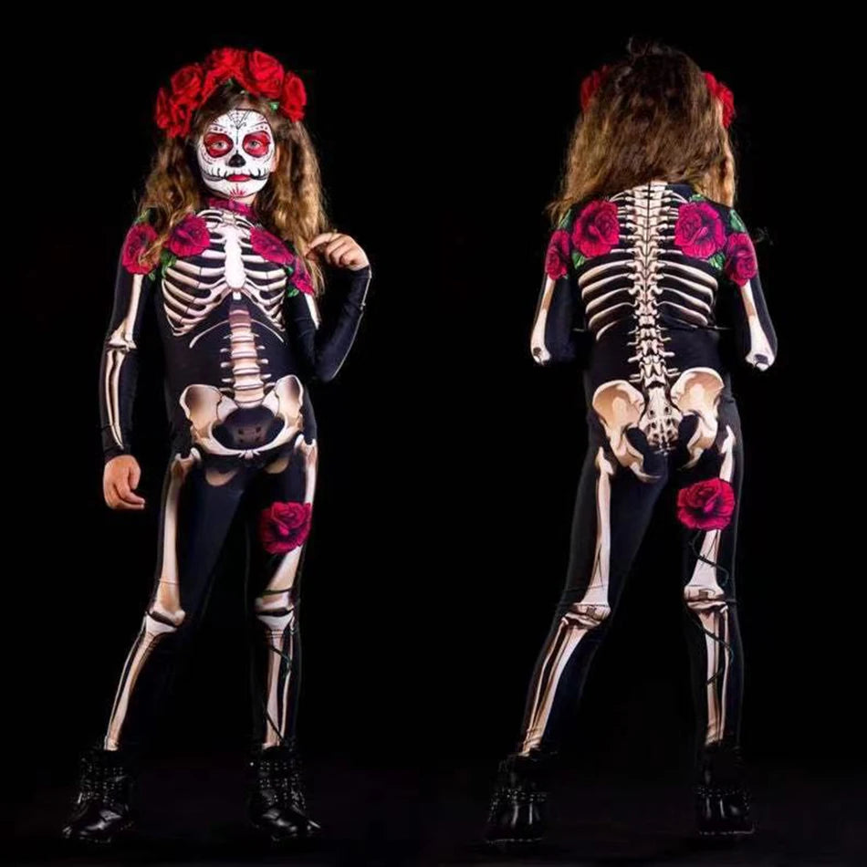 Kids Girls Skeleton Halloween Costume in Red Roses and Pink Bowes sold by Poopy and Poops General Pet Store poppyandpoops.ca