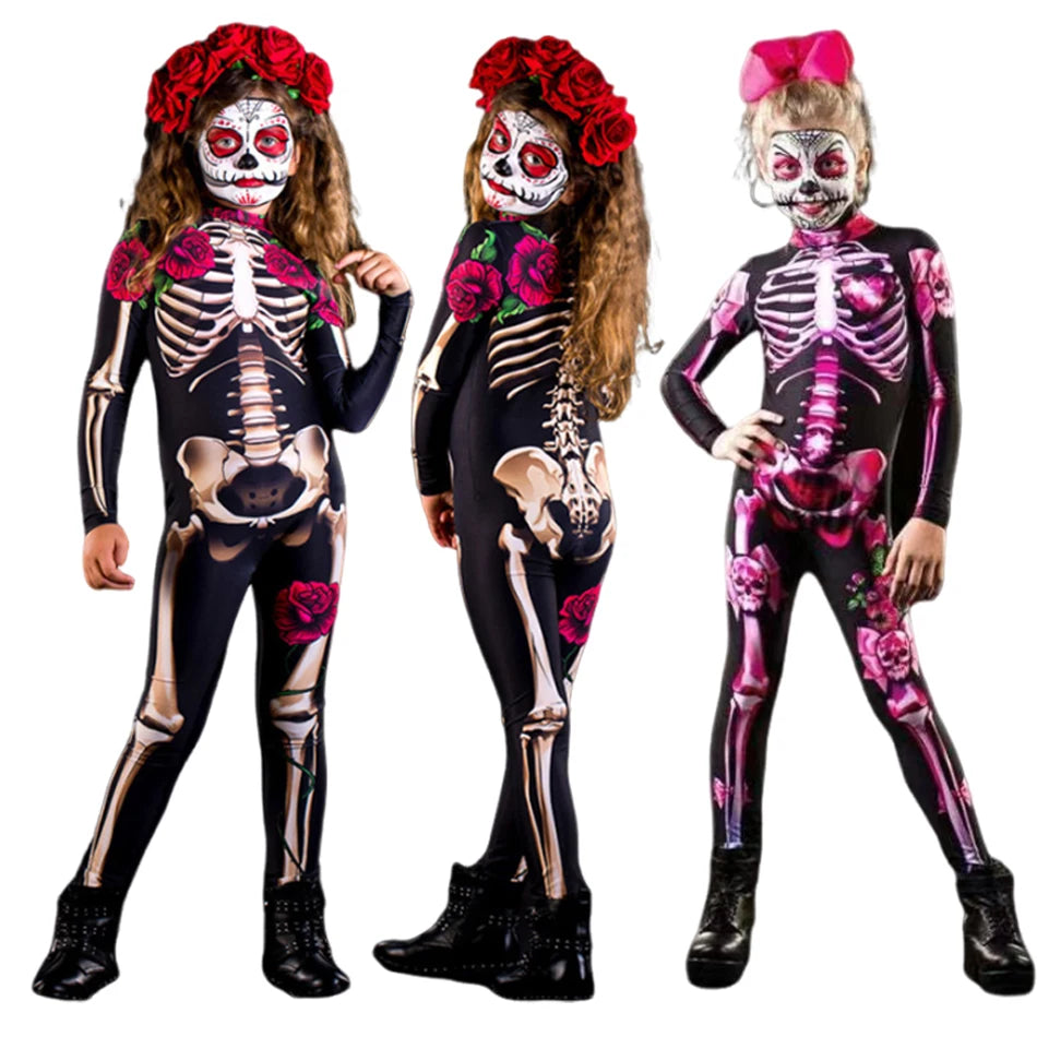 Kids Girls Skeleton Halloween Costume in Red Roses and Pink Bowes sold by Poopy and Poops General Pet Store poppyandpoops.ca