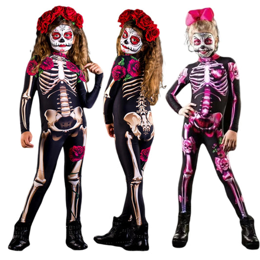 Kids Girls Skeleton Halloween Costume in Red Roses and Pink Bowes sold by Poopy and Poops General Pet Store poppyandpoops.ca