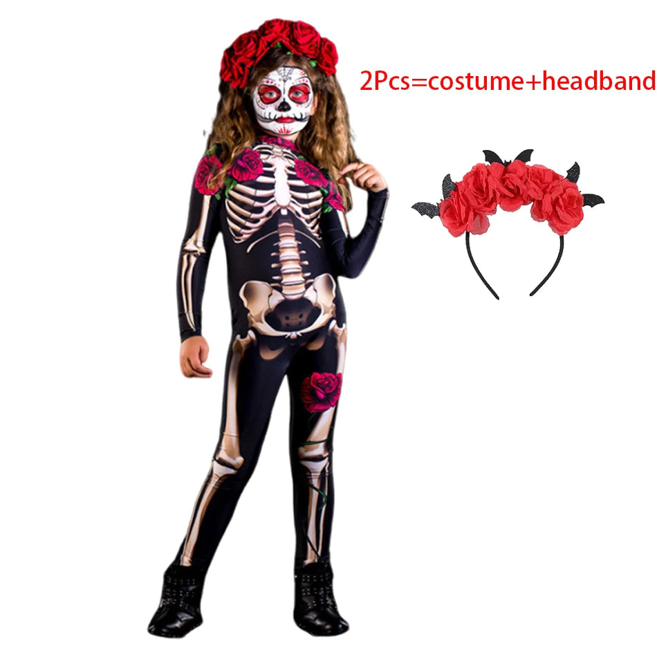 Kids Girls Skeleton Halloween Costume in Red Roses and Pink Bowes 2 pcs Set D sold by Poopy and Poops General Pet Store poppyandpoops.ca