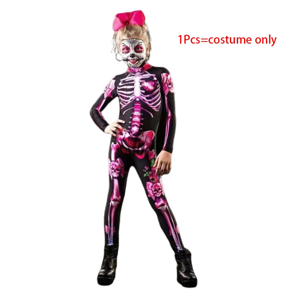 Kids Girls Skeleton Halloween Costume in Red Roses and Pink Bowes 1 pcs Set A sold by Poopy and Poops General Pet Store poppyandpoops.ca