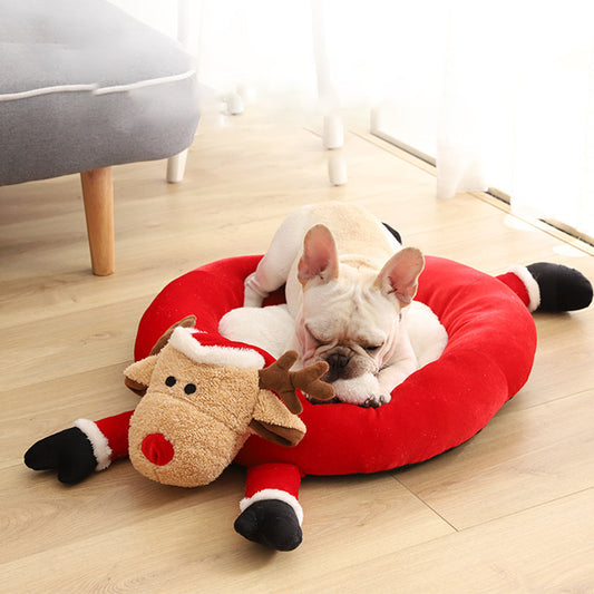 Round Plush Reindeer Dog Bed