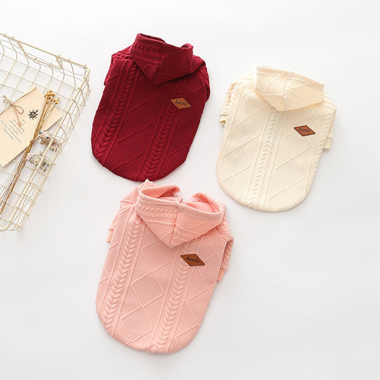 Cotton Knit Dog Pet Hoodie in Apricot, Pink and Red Wine