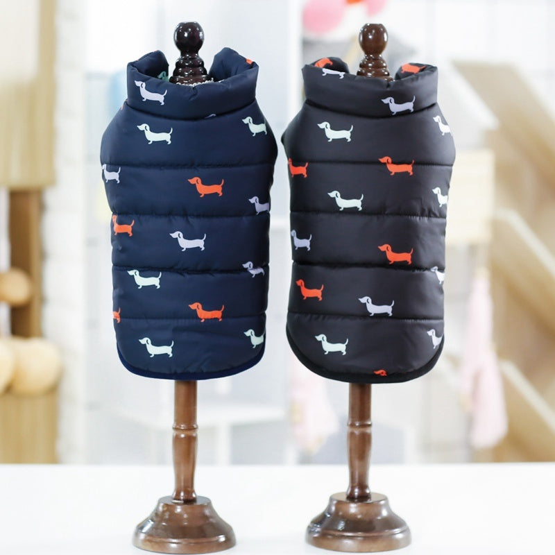 Dachshund Print Cotton Down Puffs Vest and Jacket in Black Blue and Gray