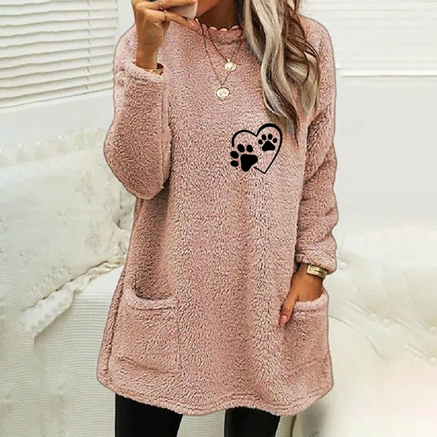 Women's Loose Autumn Long Sleeve Love Pawprint Sweatshirt in Blue Black White Gray Pink and Green