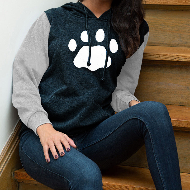 Women's Pawprint Long-sleeved Light Weight Hoodie in Gray Black or Pink