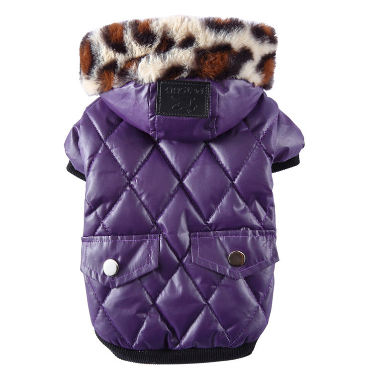 Quilted Winter Dog Jacket with a Cheetah Print Fleece Lined Hood In Pink, Purple Green and Black