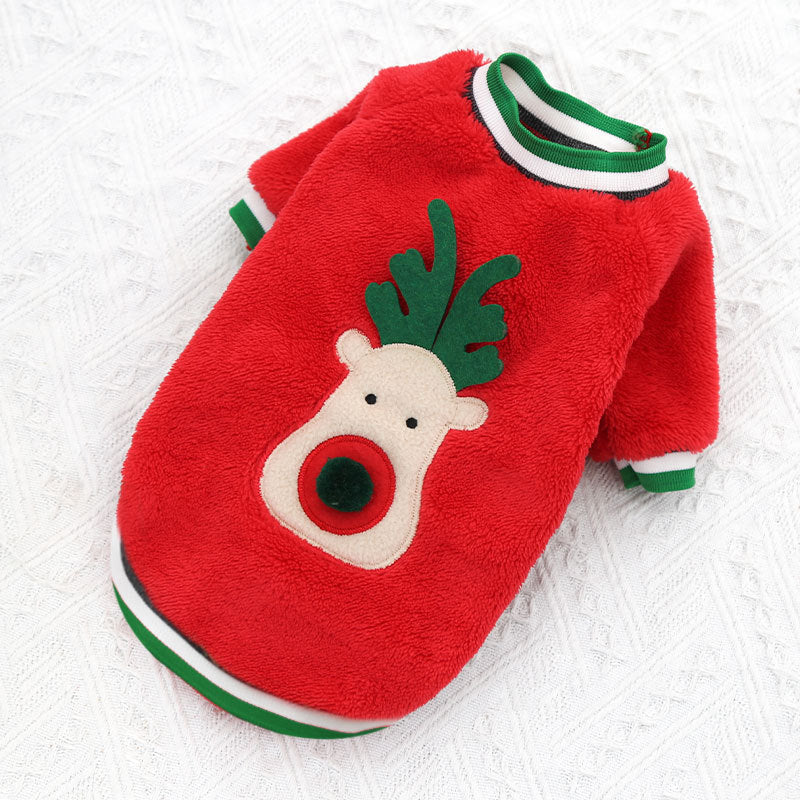 Christmas Pom Nose Reindeer Fleece Dog Sweater in Red and Green