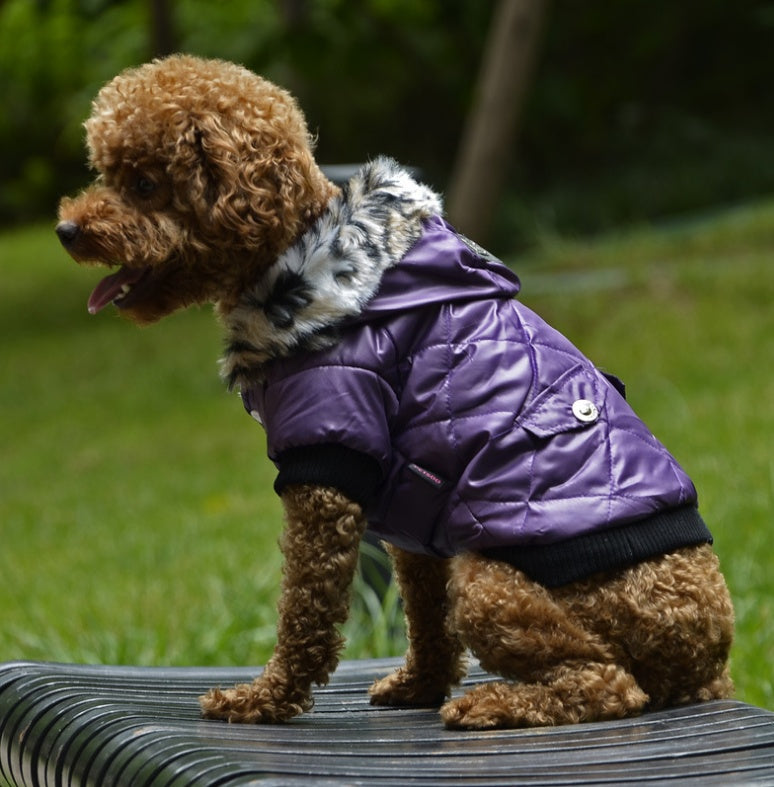 Quilted Winter Dog Jacket with a Cheetah Print Fleece Lined Hood In Pink, Purple Green and Black