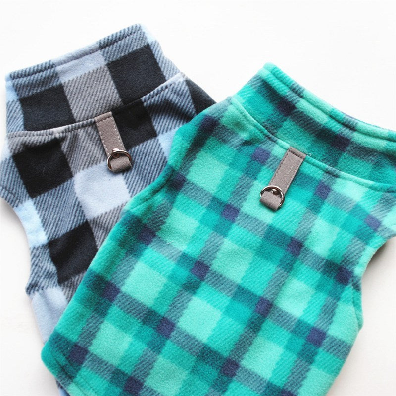 Fleece Plaid Print Pet Dog Vest in Green and Gray Blue