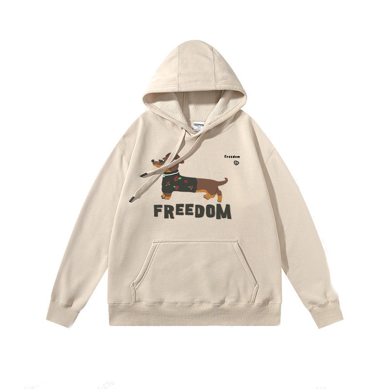 Unisex Cotton Polyester Blend Freedom Dachshund Print Hoodie in Brown Cream Gray Green and Black