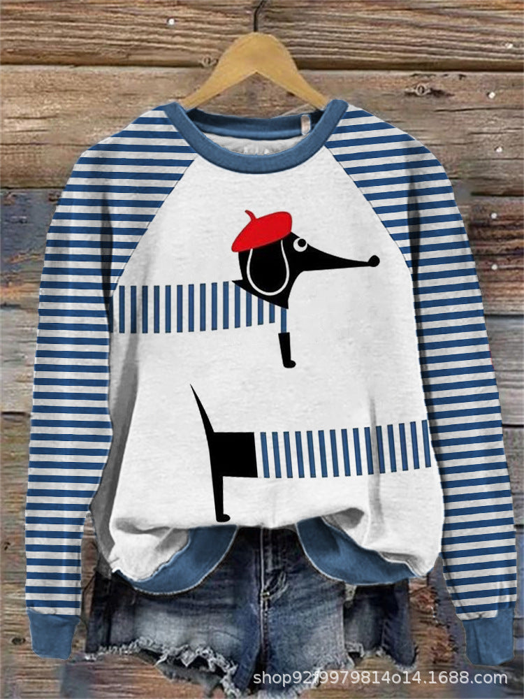 Women's Winter Dachshund Print Long Sleave Shirt in Red and Blue v