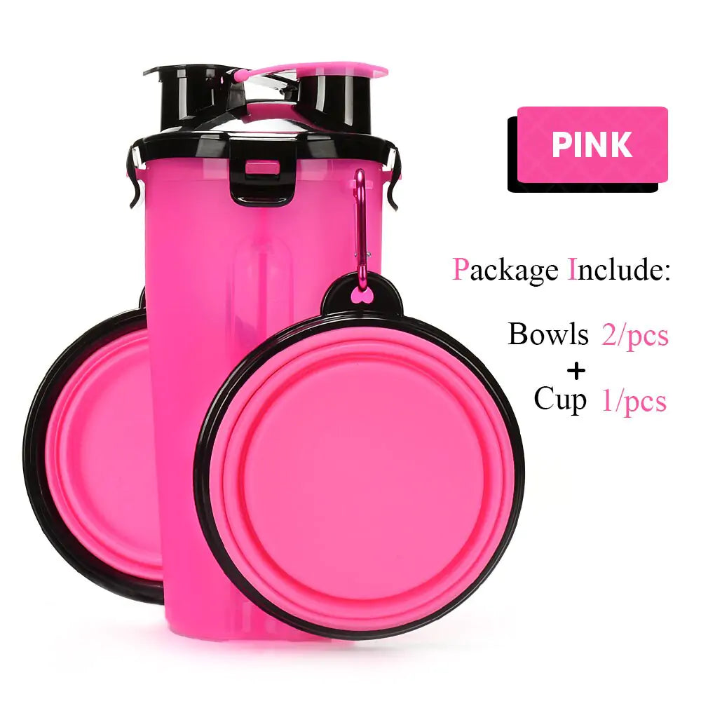 Pet Water Bottle Food Container 2 in 1 With Folding bowls Pink 2 Bowl sold by Poopy and Poops General Pet Store poppyandpoops.ca