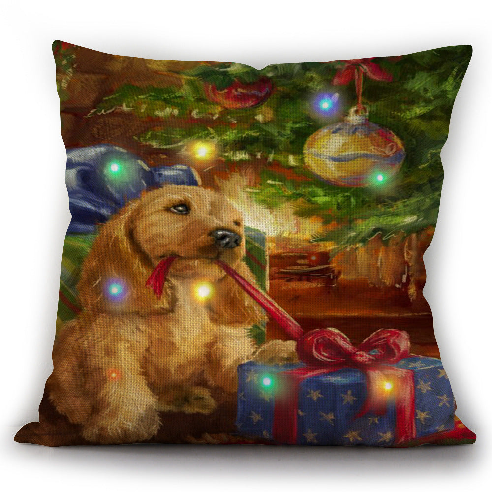 Christmas Cat And Dog LED Bright Light Up Linen Pillow Cover