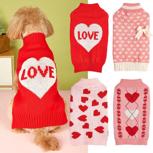 Valentines Day Love Heart Bow Knitted Dog Sweater in Pink White and Red