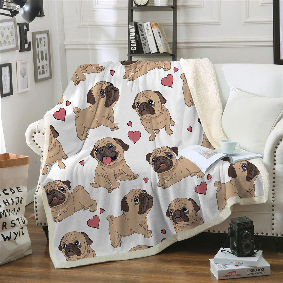 Pug Dog Winter Double-layer Thick Polyester Flannel Cotton Fleece Blend Throw Blanket