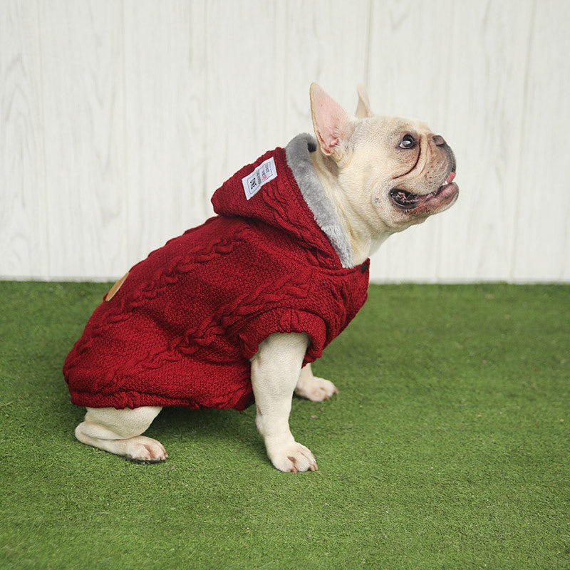 Knitted Wool Fleece Lined Pet Dog Hooded Coat in Red and Blue