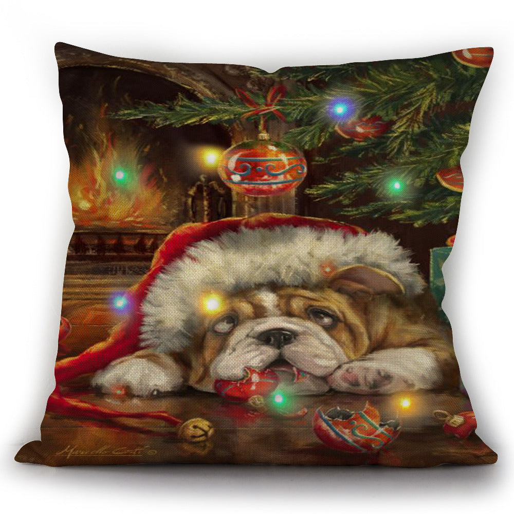 Christmas Cat And Dog LED Bright Light Up Linen Pillow Cover