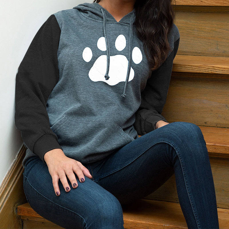 Women's Pawprint Long-sleeved Light Weight Hoodie in Gray Black or Pink