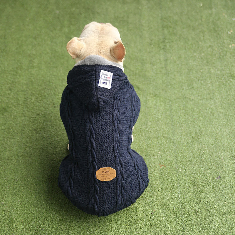 Knitted Wool Fleece Lined Pet Dog Hooded Coat in Red and Blue