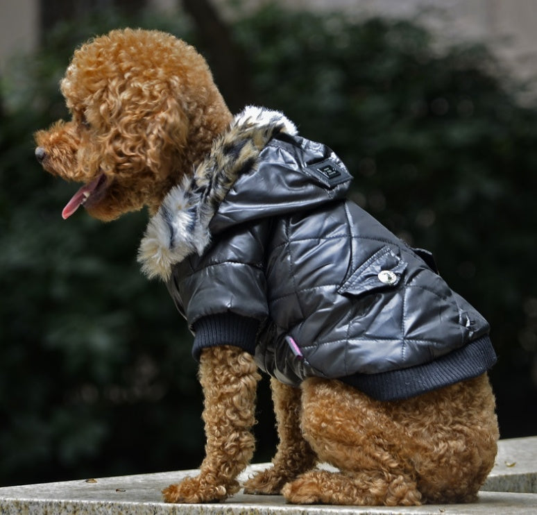 Quilted Winter Dog Jacket with a Cheetah Print Fleece Lined Hood In Pink, Purple Green and Black