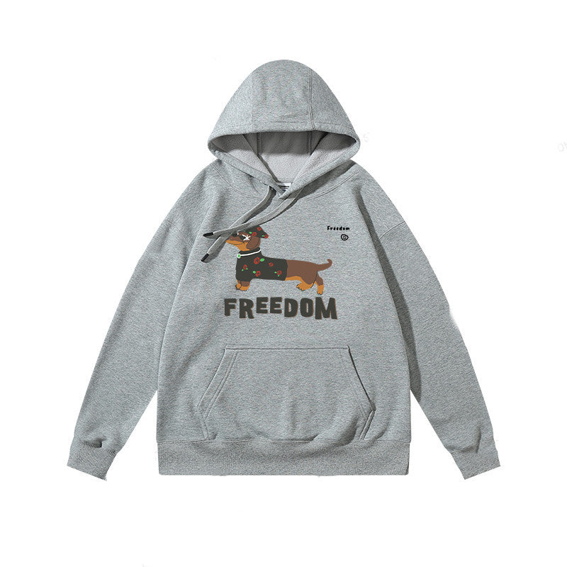 Unisex Cotton Polyester Blend Freedom Dachshund Print Hoodie in Brown Cream Gray Green and Black