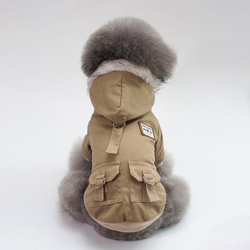 Pet Dog Cotton Winter Cargo Jacket with a Faux Fur Hood in Military Green, Gray, and Khaki