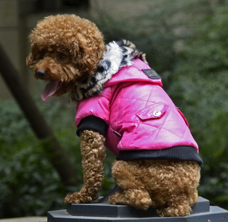 Quilted Winter Dog Jacket with a Cheetah Print Fleece Lined Hood In Pink, Purple Green and Black