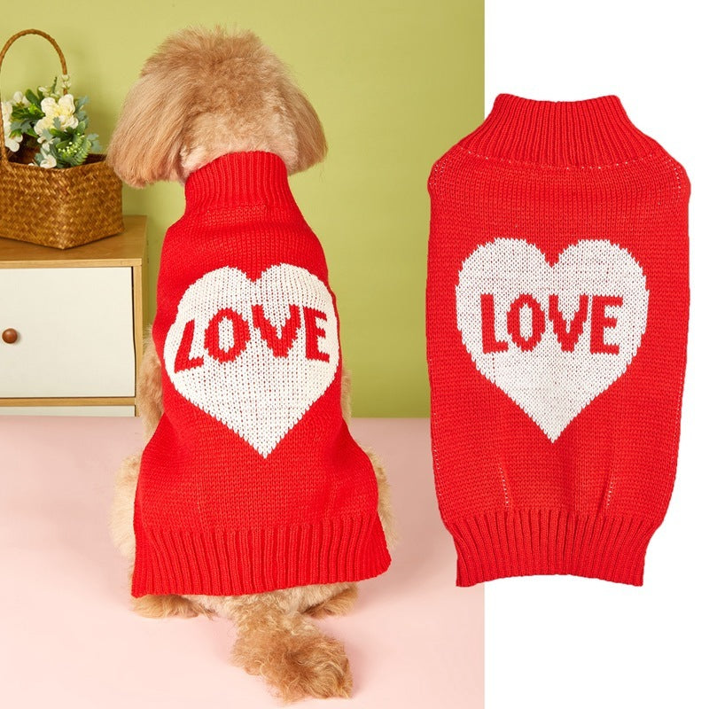 Valentines Day Love Heart Bow Knitted Dog Sweater in Pink White and Red