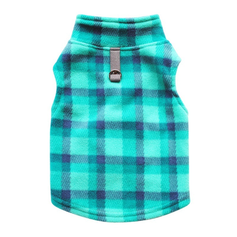 Fleece Plaid Print Pet Dog Vest in Green and Gray Blue