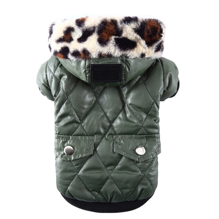 Quilted Winter Dog Jacket with a Cheetah Print Fleece Lined Hood In Pink, Purple Green and Black