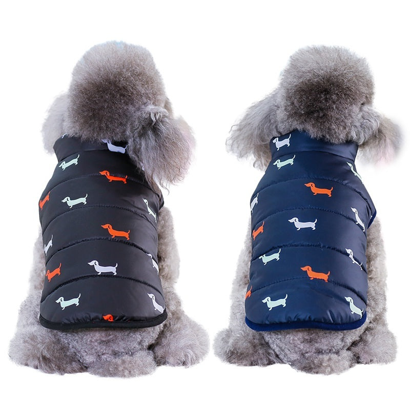 Dachshund Print Cotton Down Puffs Vest and Jacket in Black Blue and Gray