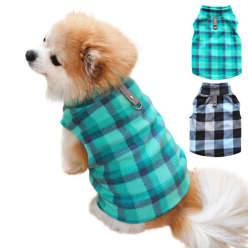 Fleece Plaid Print Pet Dog Vest in Green and Gray Blue