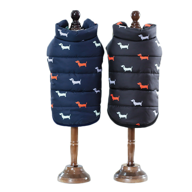 Dachshund Print Winter Dog Puff Vest in Black and Blue