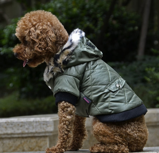 Quilted Winter Dog Jacket with a Cheetah Print Fleece Lined Hood In Pink, Purple Green and Black