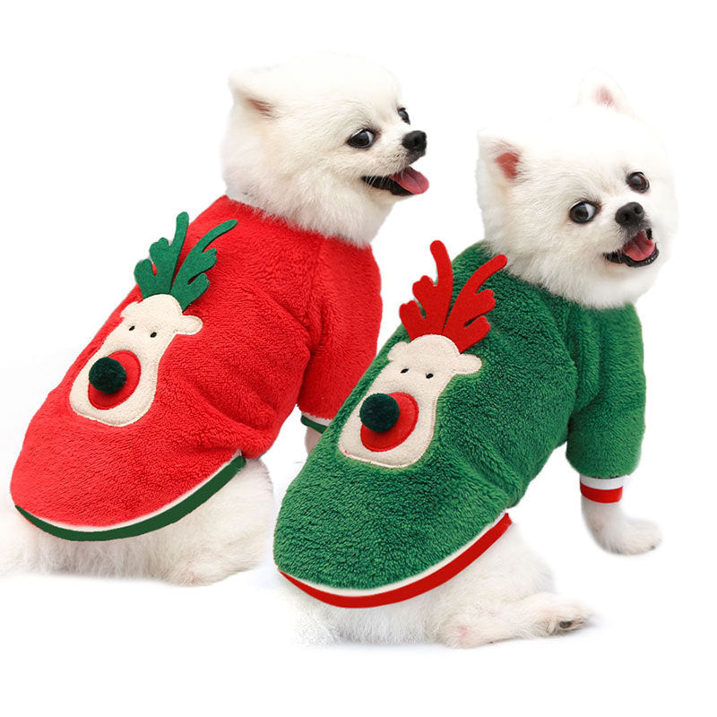 Christmas Pom Nose Reindeer Fleece Dog Sweater in Red and Green
